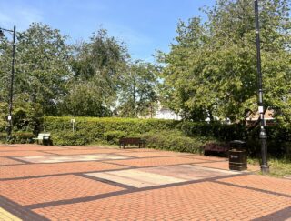 A red block paved area.
