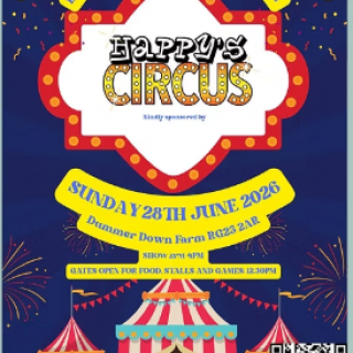 A poster promoting Happy Circus, with a cartoon graphic of a red and white striped tent.