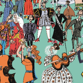 A cartoon graphic of various historical figures playing instruments.