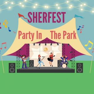 A cartoon image of a sound stage in a field with people performing on it