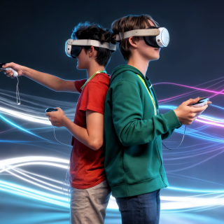 Two children wear VR headsets and hold controls. Around them you can see bright lines.